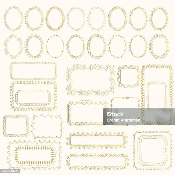 Set Of Hand Drawn Golden Frames Stock Illustration - Download Image Now - Picture Frame, Border - Frame, Ellipse