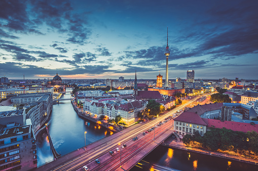 Berlin skyline panorama in twilight during blue hour, Germany