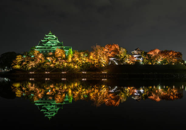 OKAYAMA, JAPAN - NOVEMBER 18, 2016: Stunning night view of Okayama castle or Crow castle illuminated on the Asahi River in autumn, Japan