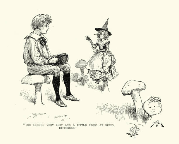 Victorian fairy tale, the boy and Fairy Godmother Vintage engraving of a Victorian boy talking to a Fairy Godmother pics of the godmother stock illustrations