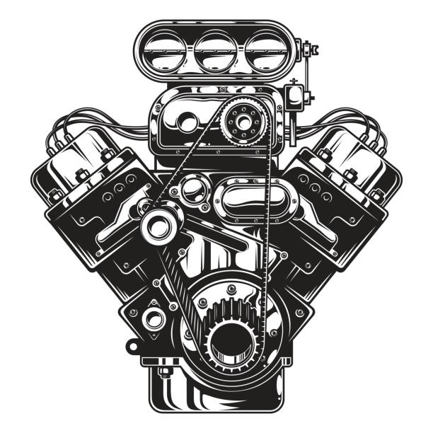 ilustrações de stock, clip art, desenhos animados e ícones de isolated monochrome illustration of car engine - engine