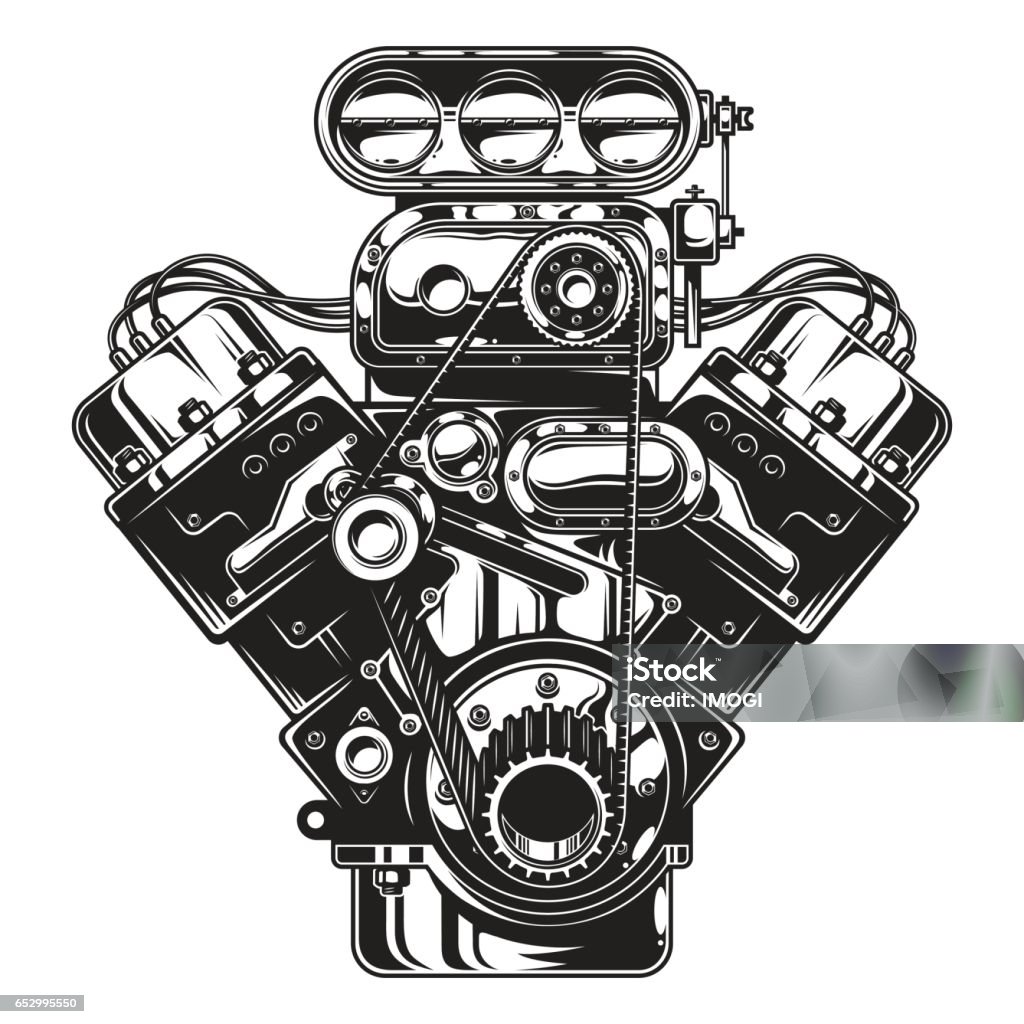 Isolated monochrome illustration of car engine Isolated monochrome illustration of car engine on white background Engine stock vector