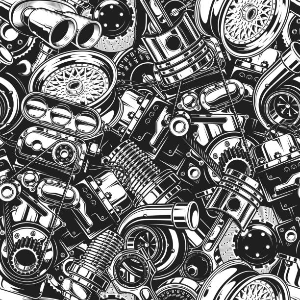 Autimobile car parts seamless pattern Automobile car parts seamless pattern with monochrome black and white elements background. engine illustrations stock illustrations