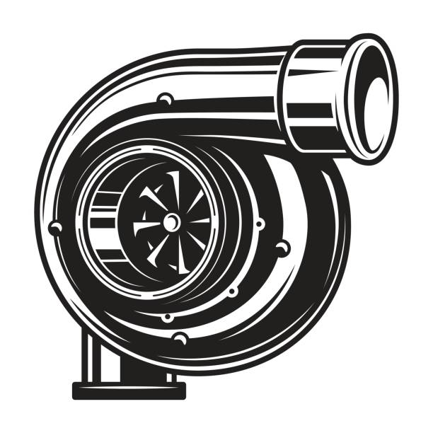 ilustrações de stock, clip art, desenhos animados e ícones de isolated monochrome illustration of car turbo charger - chrome insignia sign gear