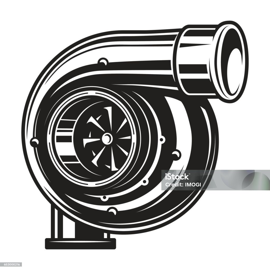 Isolated monochrome illustration of car turbo charger Isolated monochrome illustration of car turbocharger on white background Turbocharger stock vector