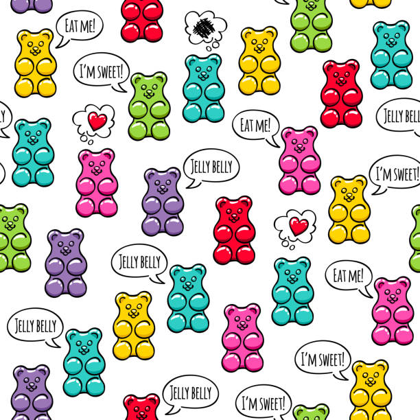 illustrazioni stock, clip art, cartoni animati e icone di tendenza di orsi gommosi gelatinosi con bolle di testo motivo senza soluzione di continuità - hard candy candy backgrounds multi colored