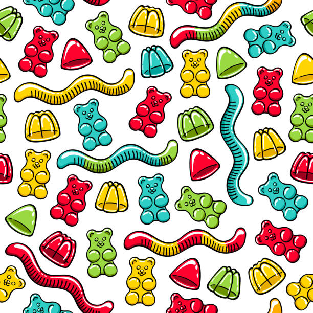 gummibärchen und gelee würmer nahtloses muster - sweet food sugar vibrant color multi colored stock-grafiken, -clipart, -cartoons und -symbole