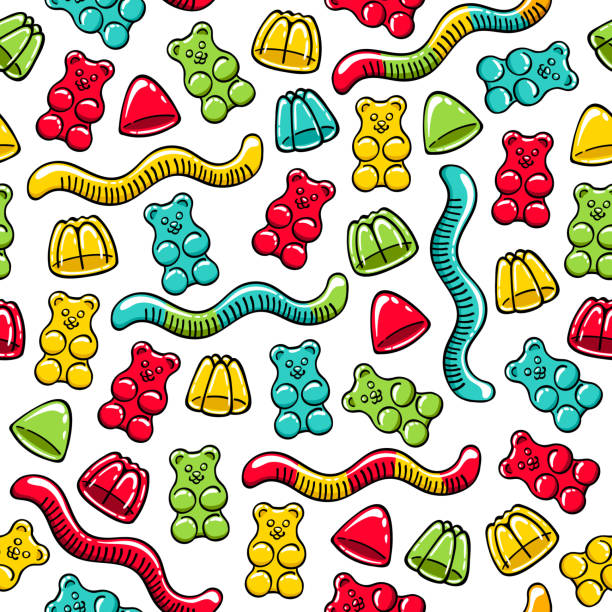 illustrazioni stock, clip art, cartoni animati e icone di tendenza di orsi gommosi e vermi gelatinosi modello senza cuciture - hard candy candy backgrounds multi colored