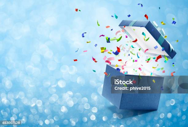 Confetti Popping Out From Gift Box Stock Photo - Download Image Now - Gift, Birthday, Backgrounds