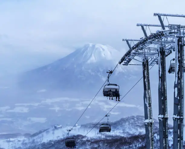 Ski lift rising in front of a volcano