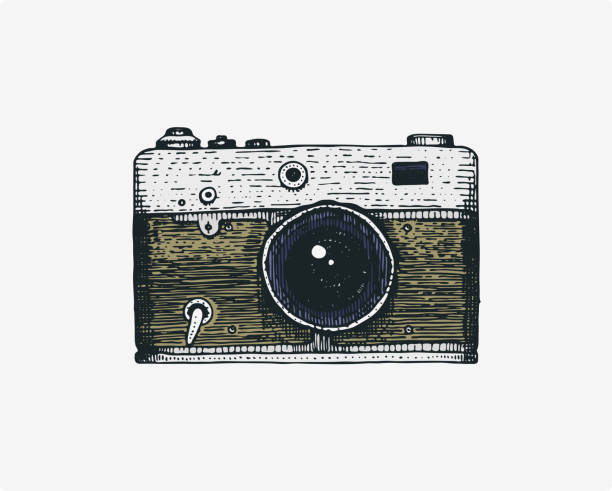 istock Photo camera vintage, engraved hand drawn in sketch or wood cut style, old looking retro lens, isolated vector realistic illustration 653013732