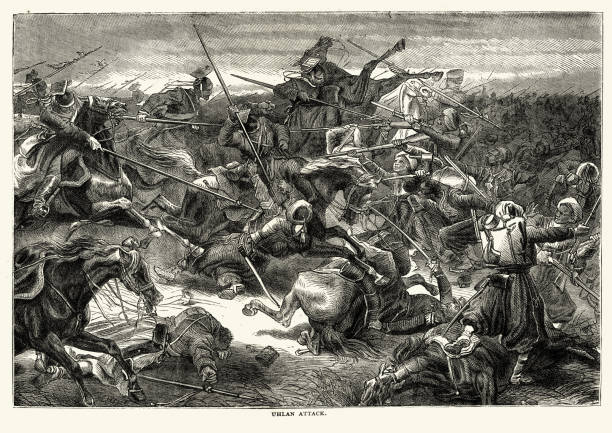 ilustraciones, imágenes clip art, dibujos animados e iconos de stock de caballería prusiana uhlan atacando a las tropas coloniales francesas guerra franco-prusiana - franco prussian war