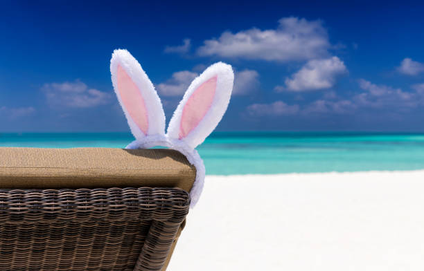 istock Easter bunny ears on sun chair at a tropical beach setting 653023184