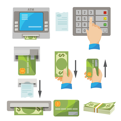 ATM usage concept vector set. Human hand pushing buttons, indications of inserting of credit card and getting money by hand, pack of dollars, white check, banking machine giving money and check