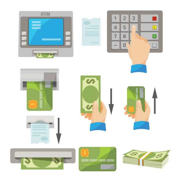 ATM usage concept set with money and credit card ATM usage concept vector set. Human hand pushing buttons, indications of inserting of credit card and getting money by hand, pack of dollars, white check, banking machine giving money and check atm illustrations stock illustrations