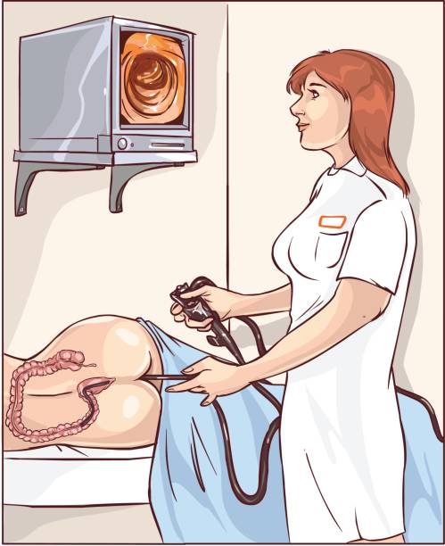 vektor-illustration von einem doktoren, die darmspiegelung durchführen - darmspiegelung stock-grafiken, -clipart, -cartoons und -symbole