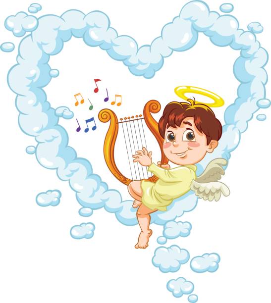 kleine baby engel mit harfe. - angel cherub heart shape smiling stock-grafiken, -clipart, -cartoons und -symbole