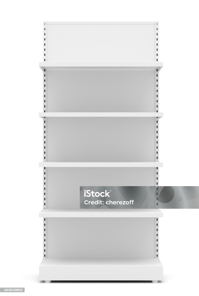 White Empty Retail Shelves White Empty Retail Shelves. Front View. Isolated On White Background. 3D Illustration Shelf Stock Photo