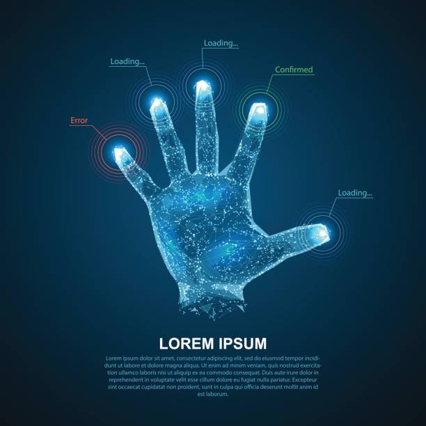 illustrations, cliparts, dessins animés et icônes de mains d’hologramme de lignes et de points. numérisation des doigts. d’identification personnel. - digital display cyberspace security virtual reality simulator