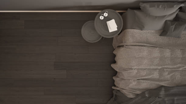 istock Classic bedroom, scandinavian modern style, minimalistic interior design, background, close-up, top view 653047144