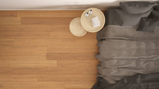 istock Classic bedroom, scandinavian modern style, minimalistic interior design, background, close-up, top view 653047608
