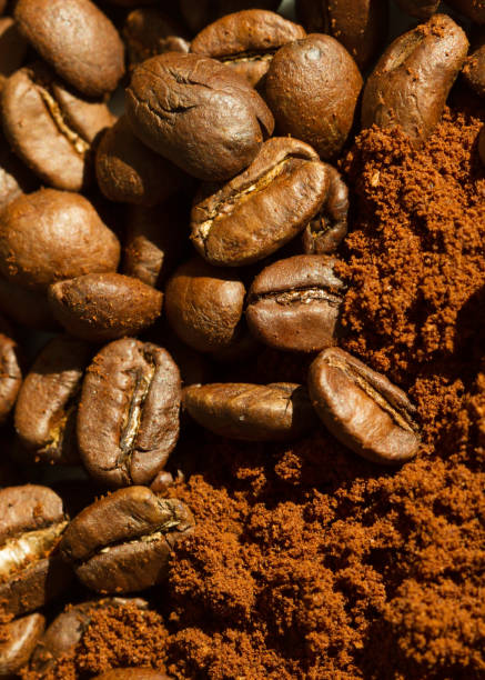 極端なマクロをクローズ アップ コーヒー豆と挽いたコーヒー、水平ビューの背景 - caffeine macro close up bean ストックフォトと画像