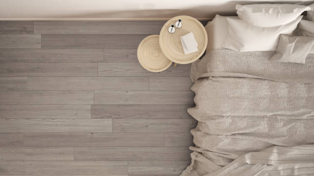 istock Classic bedroom, scandinavian modern style, minimalistic interior design, background, close-up, top view 653050332