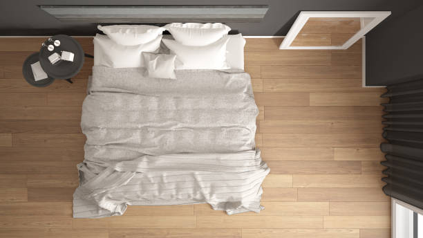 istock Classic bedroom, scandinavian modern style, minimalistic interior design, background, top view 653051104