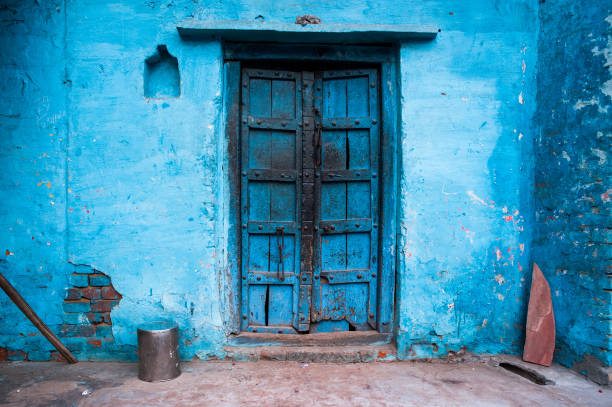Blue painted traditional house in Agra, India