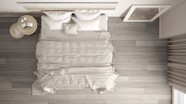 istock Classic bedroom, scandinavian modern style, minimalistic interior design, background, top view 653054696