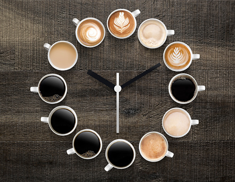 symbolic clock showing different types of coffee for each time of the day