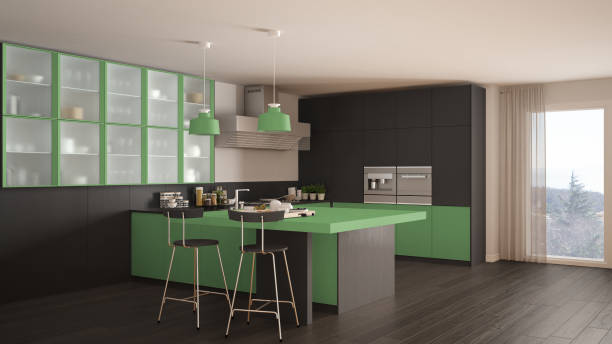 istock Classic minimal gray and green kitchen with parquet floor, modern interior design 653058292