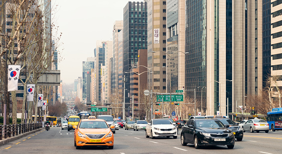 Seoul, South Korea - Busy daytime traffic in Seoul's modern and prestigious Gagnam district.