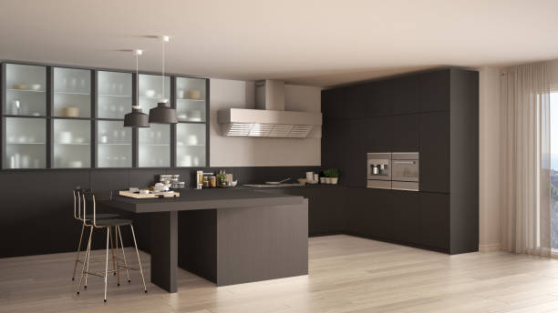 istock Classic minimal gray kitchen with parquet floor, modern interior design 653064932