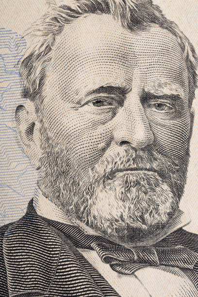 米国の 50 ドル札のグラントの面の垂直の肖像画。マクロ撮影 - symbol president ulysses s grant usa ストックフォトと画像