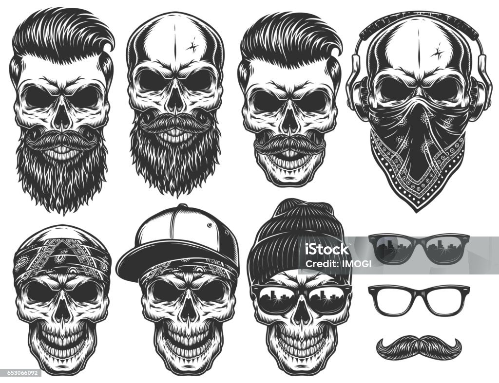 Set of different skull characters with different modern street style city attributes. Set of different skull charactres with different modern street style city attributes. Monochrome style. Isolated on white background Skull stock vector