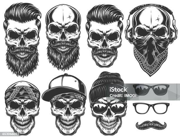 Set Of Different Skull Characters With Different Modern Street Style City Attributes Stock Illustration - Download Image Now