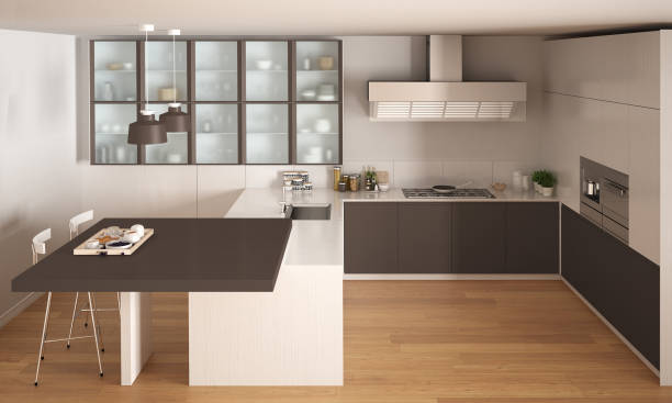 istock Classic minimal white and brown kitchen with parquet floor, modern interior design 653068262
