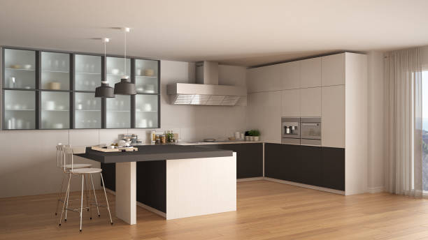 istock Classic minimal white and gray kitchen with parquet floor, modern interior design 653069172