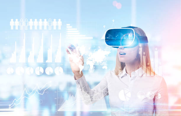 istock Woman in vr glasses and graphs 653071676