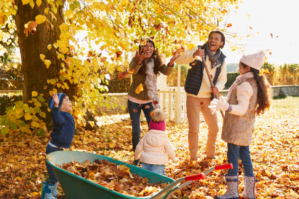 kinder helfen eltern, herbstlaub im garten sammeln - family african ethnicity black african descent stock-fotos und bilder