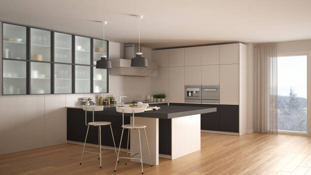 istock Classic minimal white and gray kitchen with parquet floor, modern interior design 653072022