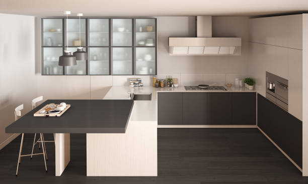 istock Classic minimal white and gray kitchen with parquet floor, modern interior design 653072462