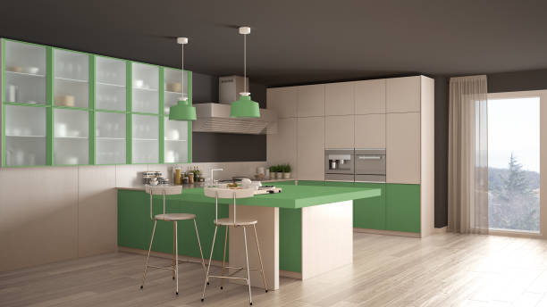 istock Classic minimal white and green kitchen with parquet floor, modern interior design 653075828