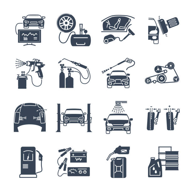 illustrazioni stock, clip art, cartoni animati e icone di tendenza di set di icone nere manutenzione, riparazione di auto e auto - car painting spraying computer icon