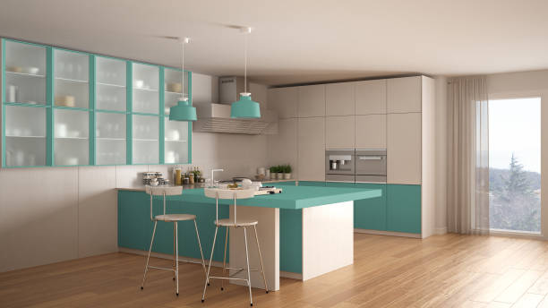 istock Classic minimal white and turquoise kitchen with parquet floor, modern interior design 653077498