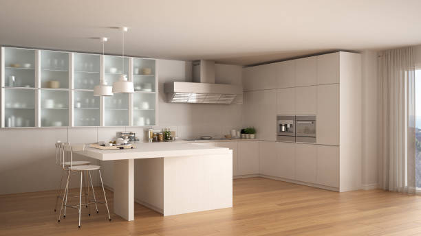 istock Classic minimal white kitchen with parquet floor, modern interior design 653083538