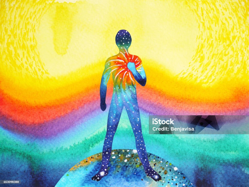human and universe power, watercolor painting, chakra reiki, inspiration abstract thought, world, universe inside your mind The Human Body Stock Photo