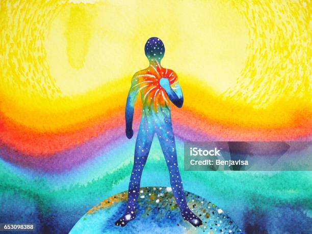 Human And Universe Power Watercolor Painting Chakra Reiki Inspiration Abstract Thought World Universe Inside Your Mind Stock Photo - Download Image Now