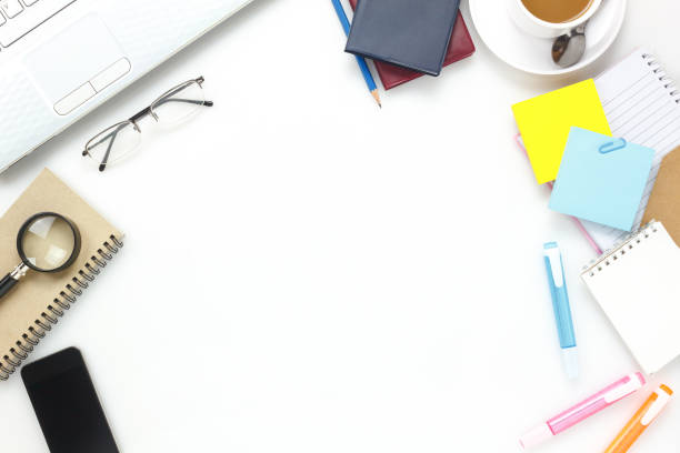 istock Top view  accessories business office desk. 653101632